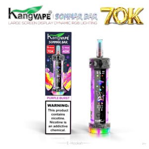 Purple Burst – Kang Vape 70K Puffs Disposable E Hookah showcasing a rich purple berry blend, sleek rechargeable disposable device, smooth vapor production, and an extended lifespan of up to 70,000 puffs.