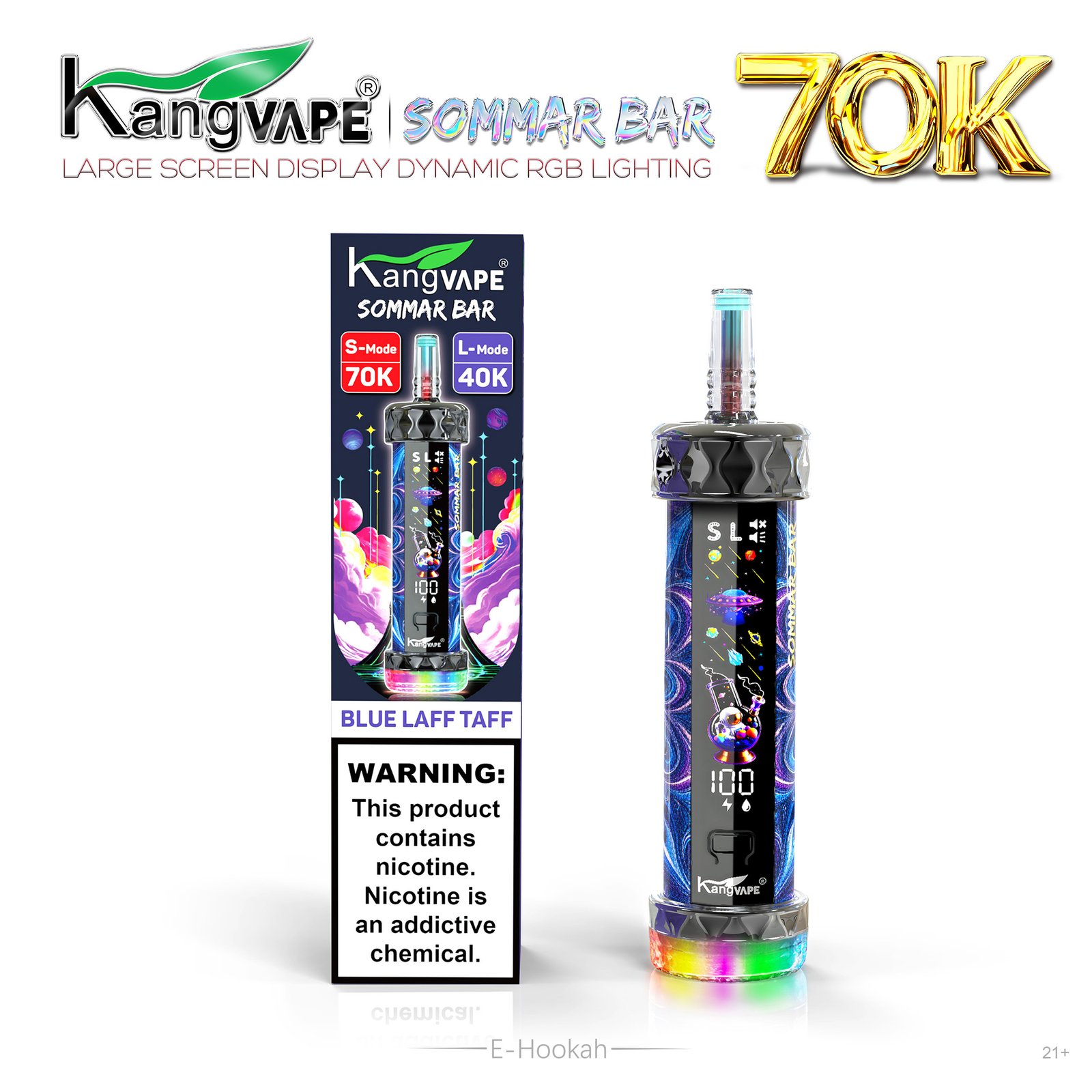 Blue Laff Taff Kang Vape 70K Puffs E-Hookah disposable with RGB lighting