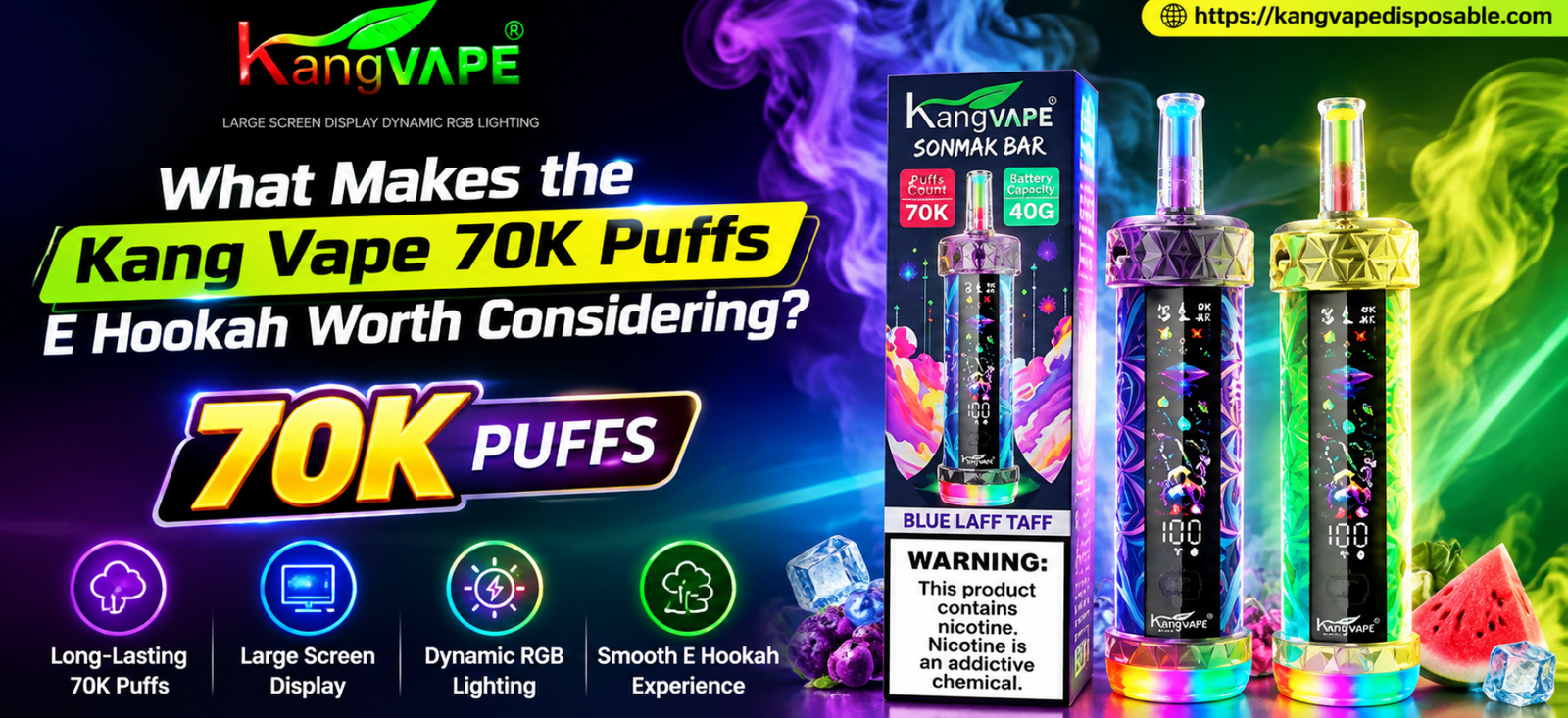 Kang Vape 70K Puffs E Hookah featuring large screen display and dynamic RGB lighting