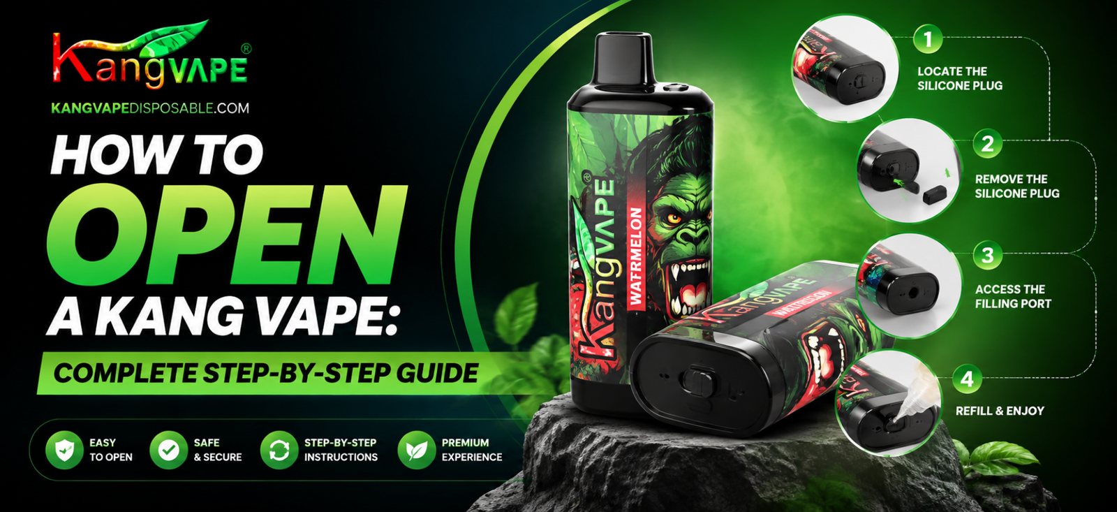 How to Open a Kang Vape featured image showing a Kangvape device with a step-by-step guide for locating and removing the silicone plug and accessing the filling port.