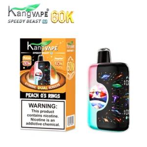 Peach OS Rings Kang Vape 60K Puffs Disposable Vape featuring a 3D curved dynamic display, dual mesh coils, 950mAh rechargeable battery, 20mL e-liquid capacity, and a built-in child-proof lock.