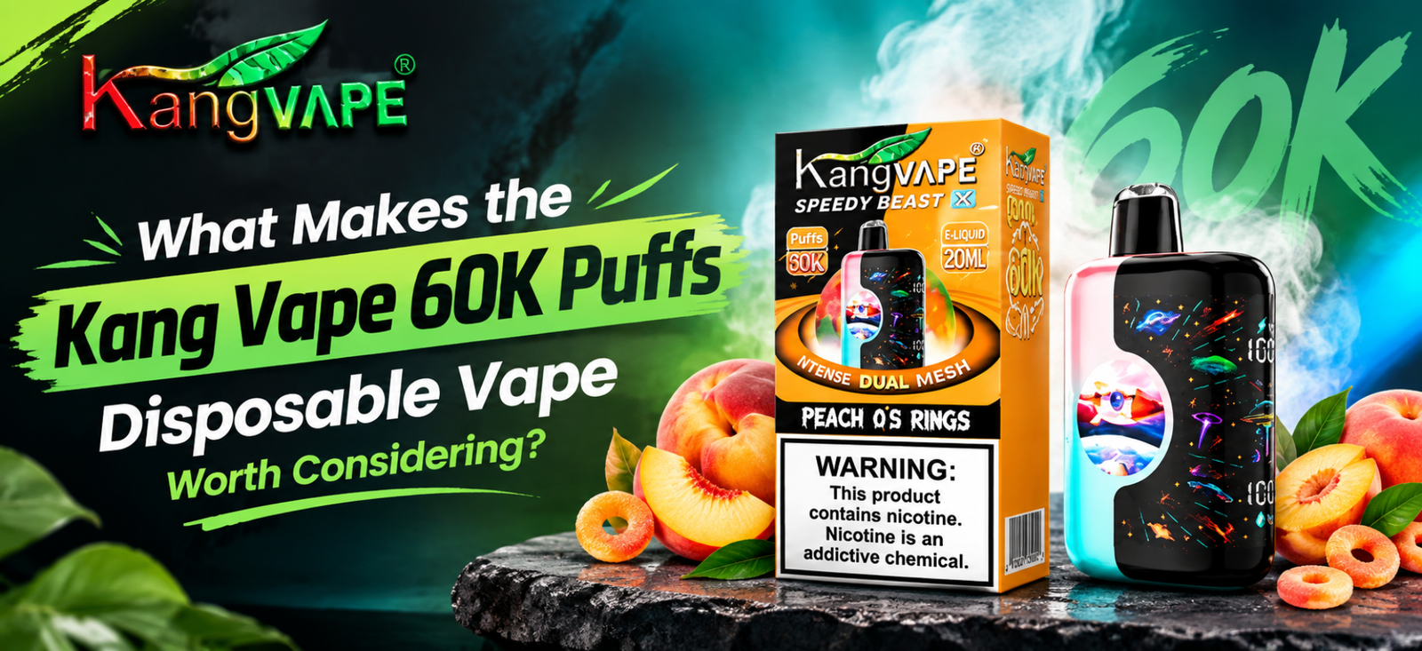 Kang Vape 60K Puffs Disposable Vape featuring Peach O’s Rings flavor and dual mesh design